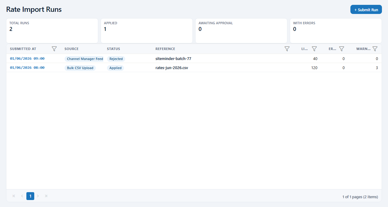 Rate import runs — channel-manager feed and bulk uploads with applied/rejected status