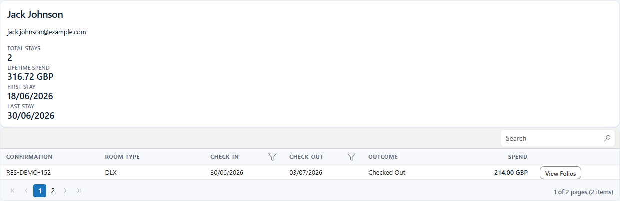 Guest profile in Resort Manager Flex — stay history, preferences and folio in one view