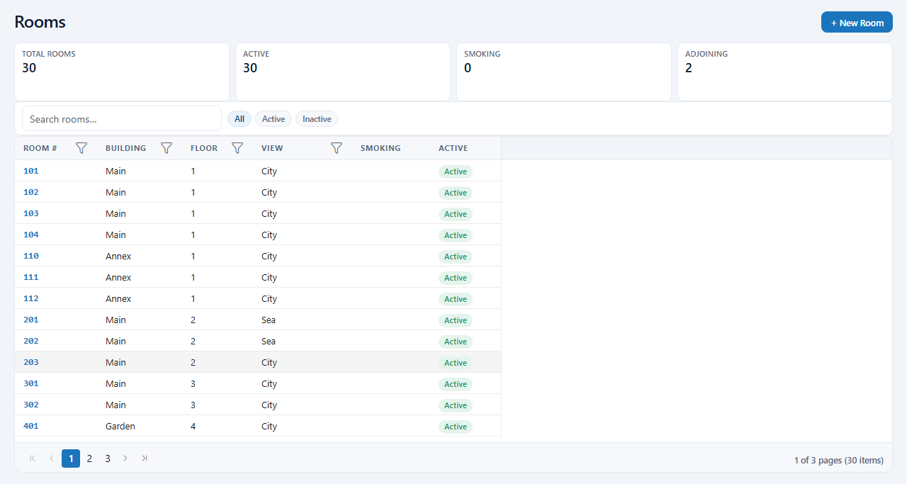Room inventory across buildings and floors — per-property configuration managed in one place